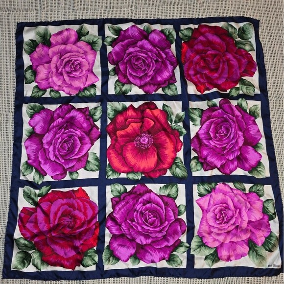 Vintage Bill Blass Silk Square Scarf of Roses Magenta Fuchsia Hot Pink - Picture 1 of 5